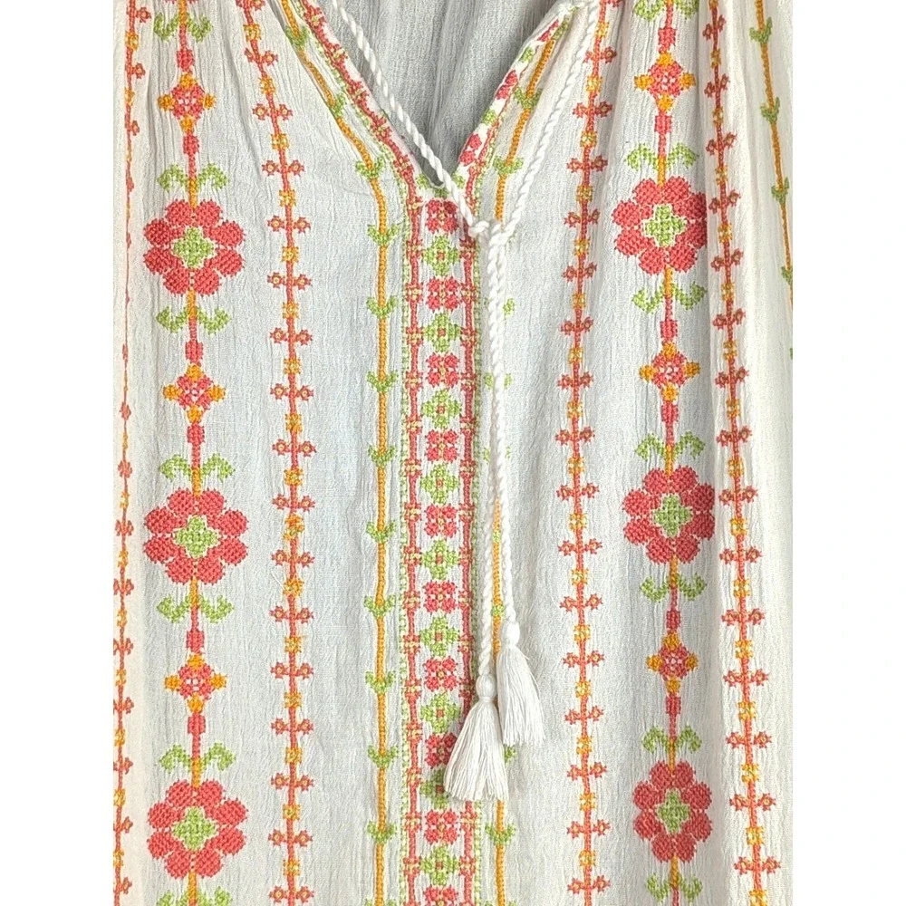 XL J. Jill White Embroidered Peasant Top Boho Floral Tassel Granola Blouse - Picture 4 of 10